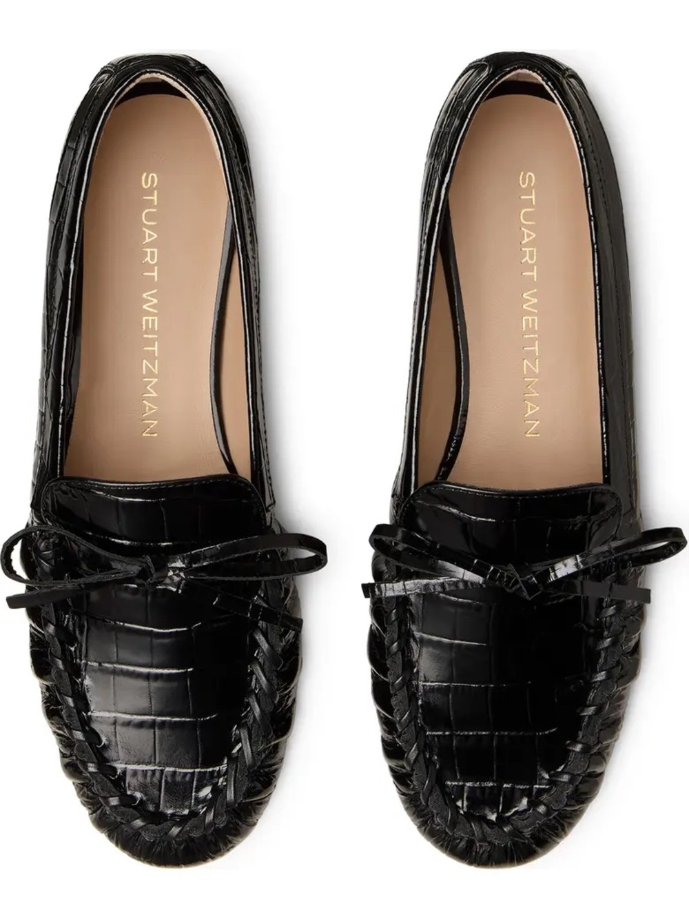 Stuart Weitzman Black Croc-Embossed Leather Bow Loafers